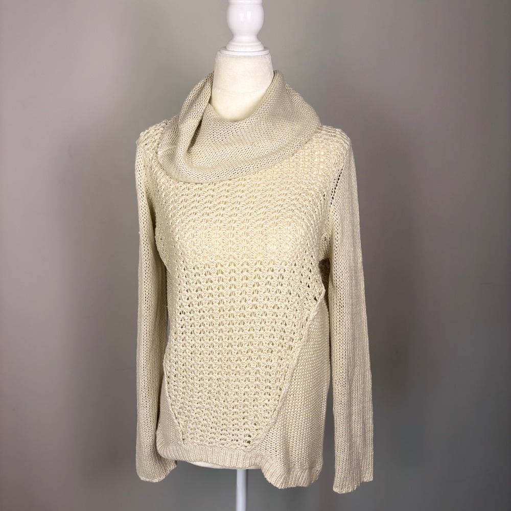 Fisherman Sweater Open Lattice Knit Cowl Neck Coastal Cottage Hi Low Neutral